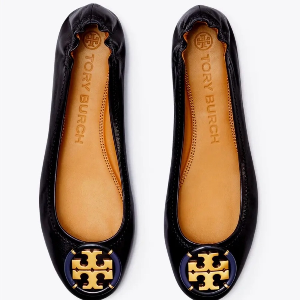 NIB TORY BURCH MULTI LOGO BALLET FLAT LEATHER PERFECT BLACK SZ US 10.5